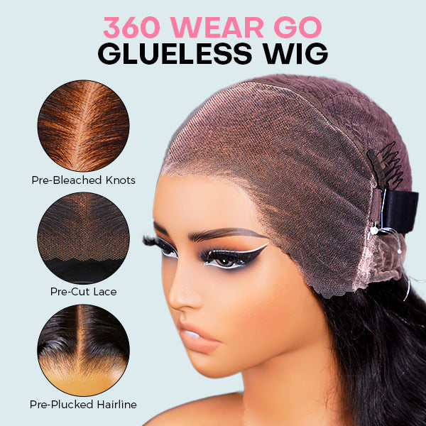 360° Body Wave Lace Human Hair Wig – Glueless, Pre-Bleached, Pre-Cut, Adjustable Drawstrings