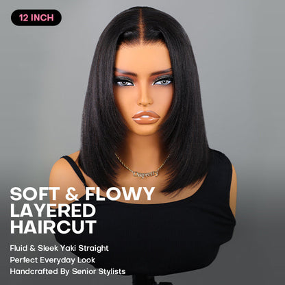 Ultra Natural Layered Yaki Straight Bob 9x6 T-Part Lace Wig – Glueless, Invisi Drawstrings, Silky Finish, Classic & Chic