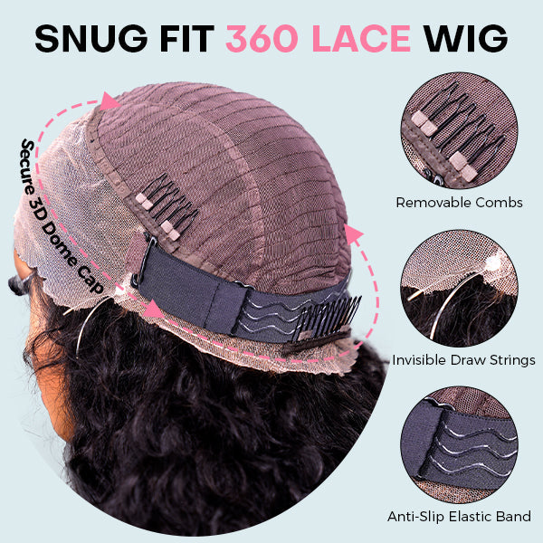 360 Water Wave Lace Human Hair Wig – Glueless, Pre-Bleached, Pre-Cut, Invisi Drawstrings