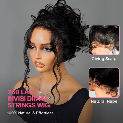 360° Body Wave Lace Human Hair Wig – Glueless, Pre-Bleached, Pre-Cut, Adjustable Drawstrings